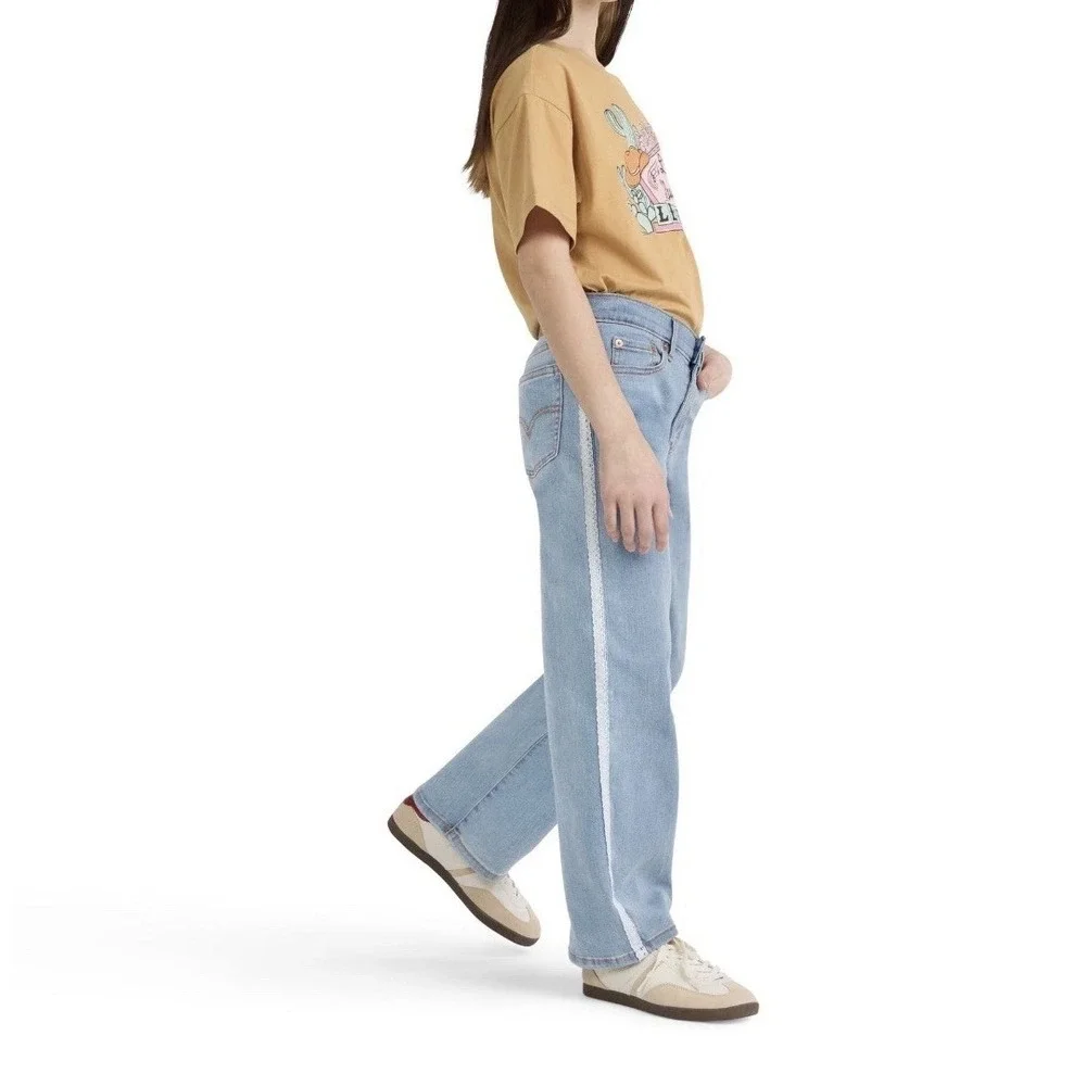 Levi's Wide Leg Jeans Baggy Lace Side Trim Girls 14 Light Wash Comfort Stretch